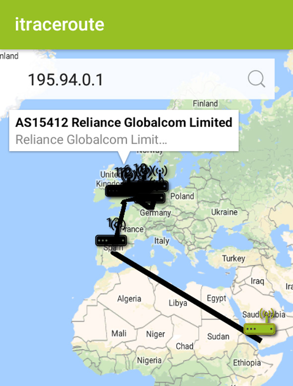 Screenshot van een traceroute naar Jemen